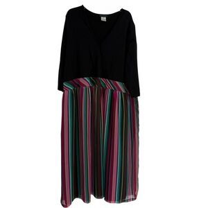 ULLA Popken Artsy Dress Plus Size 28/30 Black/ Rainbow Stripe 3/4 Sleeves Party